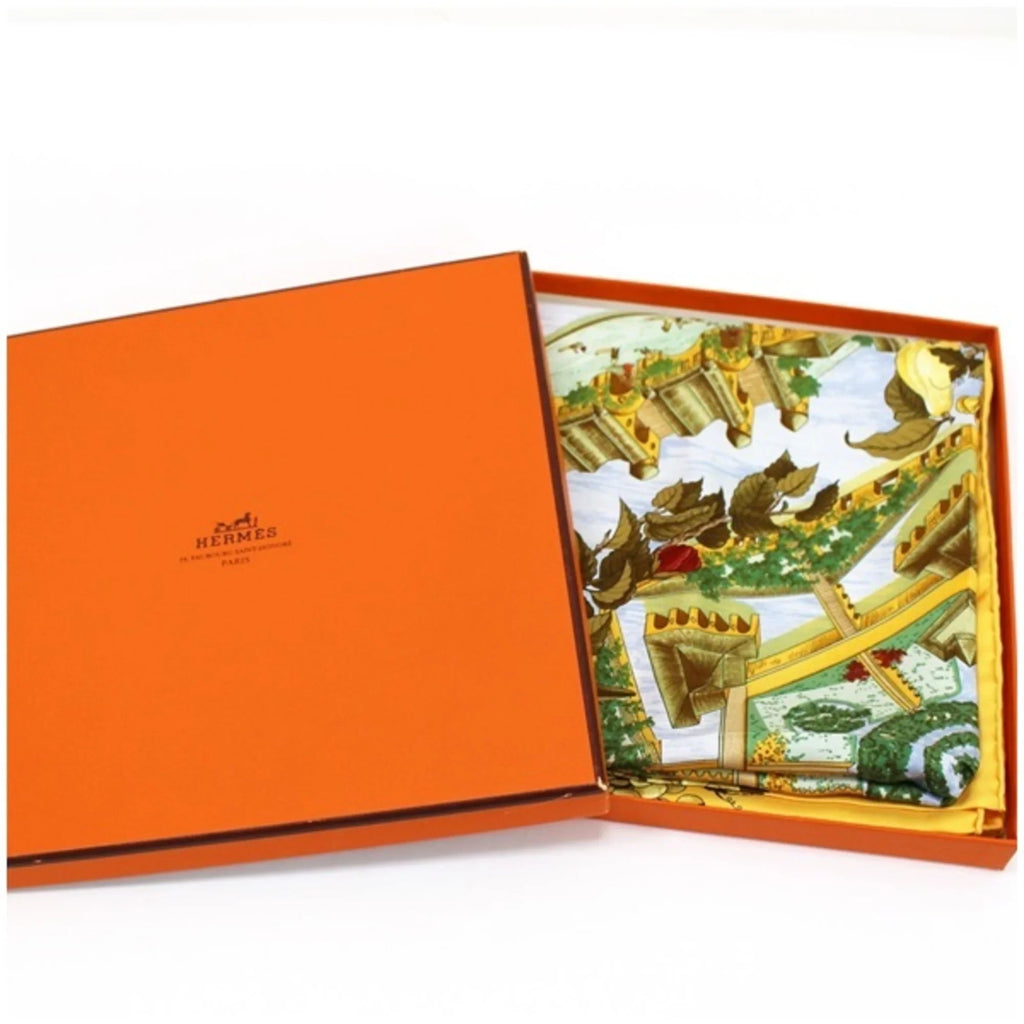 Pre-Owned Hermes Silk Scarf Carre 90 "Au pays de Cocagne" In Paradise Yellow  | For Ladies (Good)