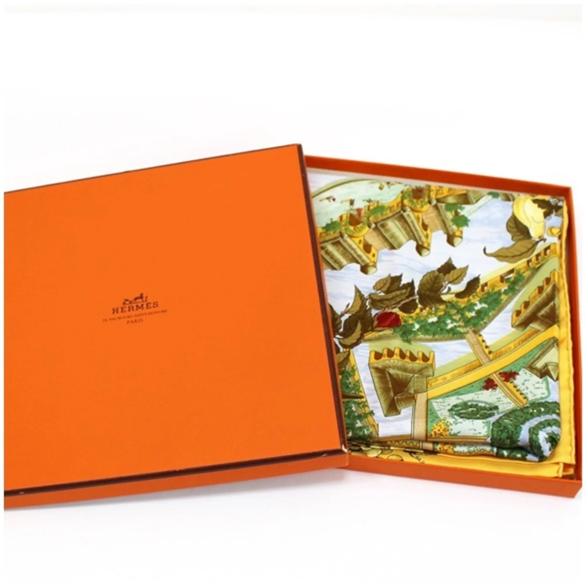 Pre-Owned Hermes Silk Scarf Carre 90 "Au pays de Cocagne" In Paradise Yellow  | For Ladies (Good)