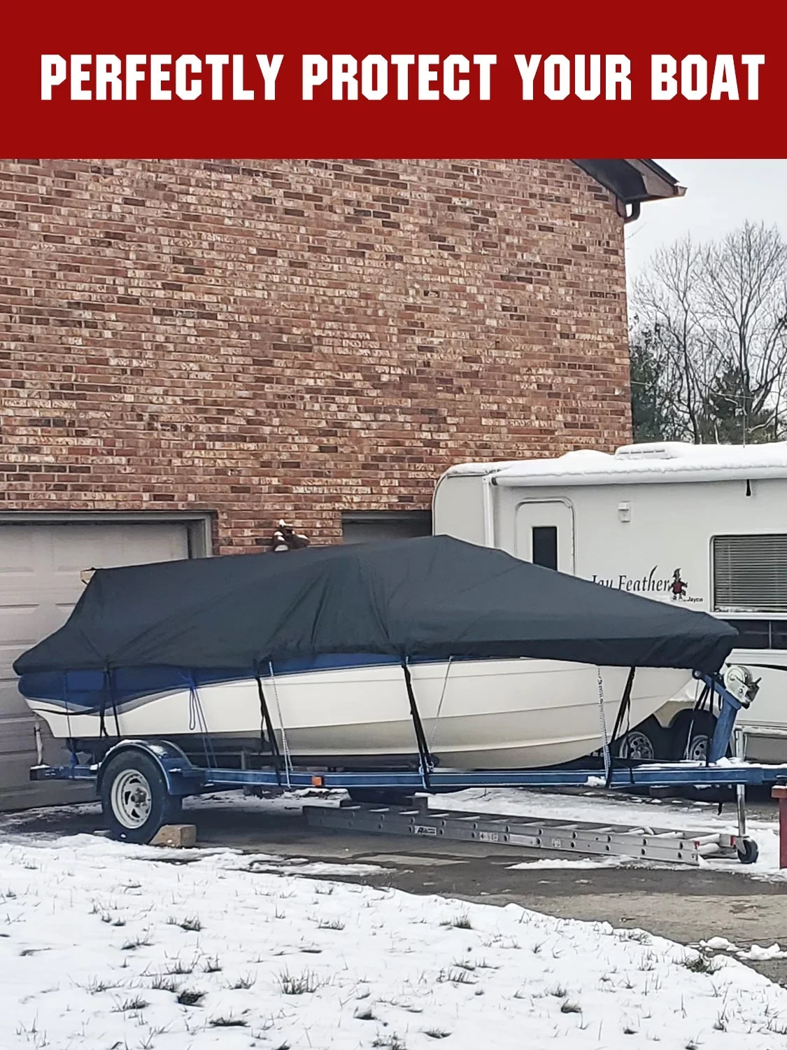 AngLink 17 - 19 ft Waterproof Boat Cover - Heavy Duty 600D Polyester Oxford All Weather Protection Bass Runabout Boat Cover, Durable and Trailerable, Fit for Fishing Boat V-Hull -Hull | Black