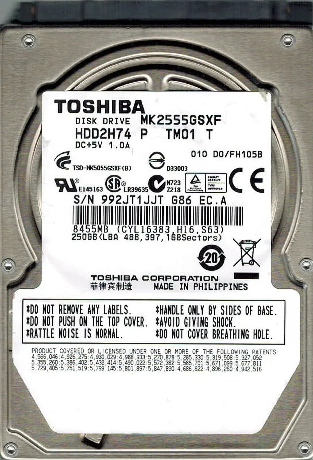 Toshiba MK2555GSXF HDD2H74 P TM01 T  250GB