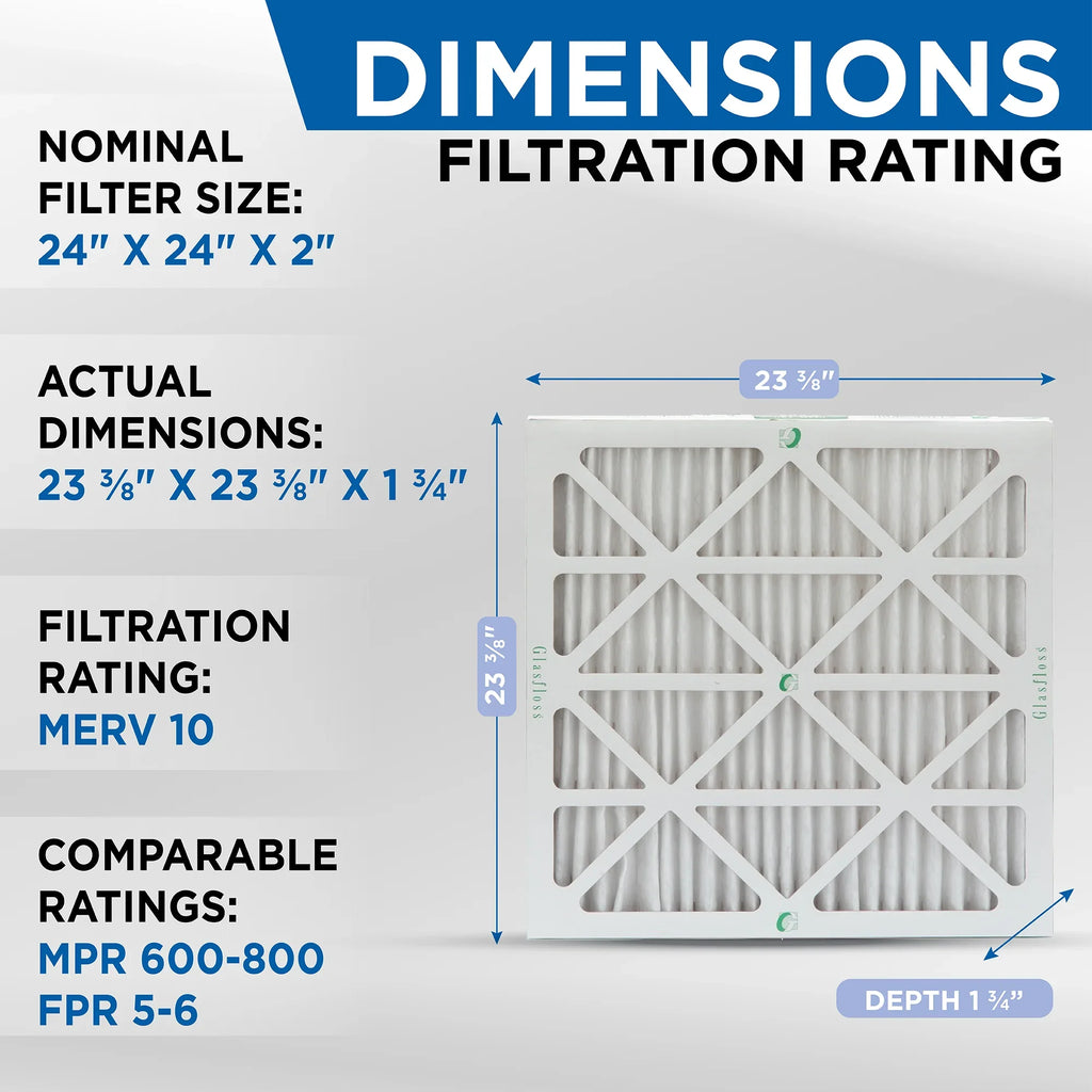 24x24x2  10 Pleated  Furnace Air Filters by Glasfloss Industries. ( 8 Pack ) Exact Size: 23-3/8 x 23-3/8 x 1-3/4