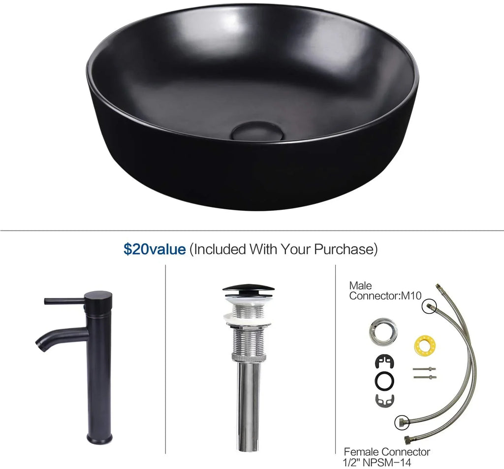 Artistic Porcelain Ceramic Vessel Sink Basin Washing Bowl Set Cabinet Countertop Sink with Chrome Faucet Pop-up Drain and Water Pipe Lavatory