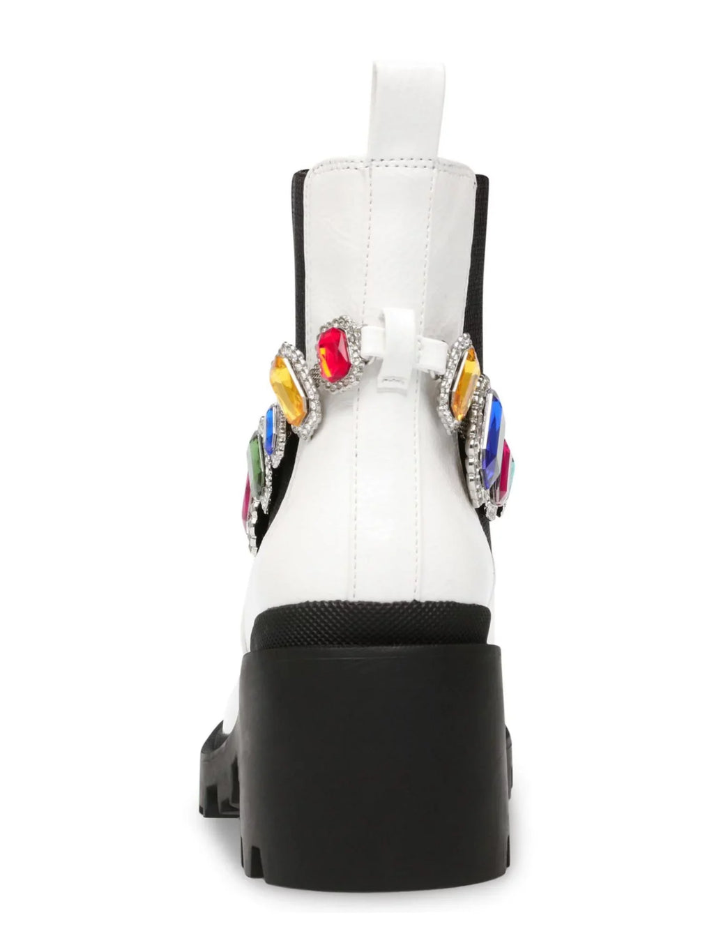 Womens White Gem Accent Strap Pull Tab 1" Platform Goring Padded Jenesis Round Toe Block Heel Moto 7 M