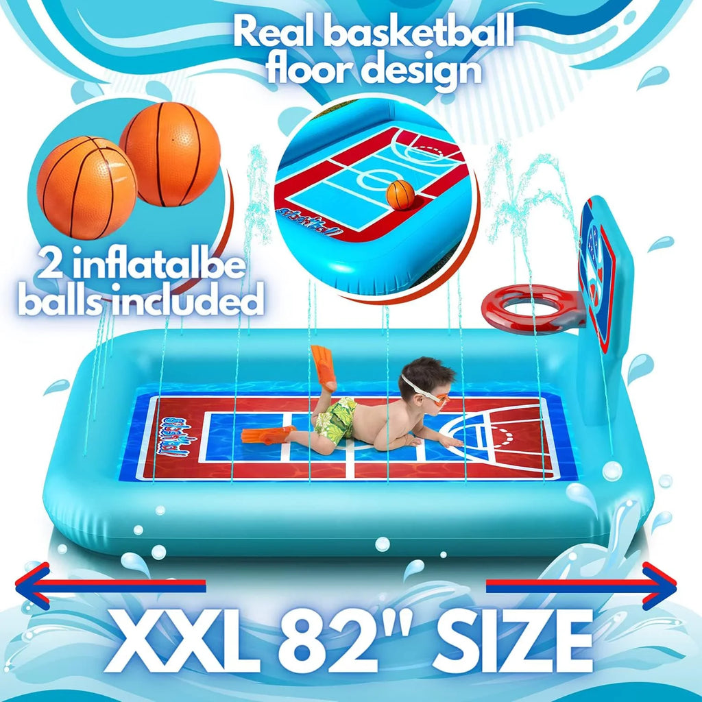 Splash Pool Pad With Sprinkler System, Hoop And 2 Inflatable Basketballs - Splash Pad For Kids - Kids Summer Toys And Water 82-inch.