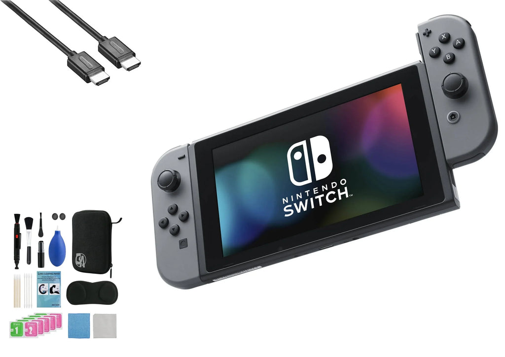 Nintendo Switch - Gray & Gray Joy-Con with  Cable   Cleaning Kit Bundle Like New