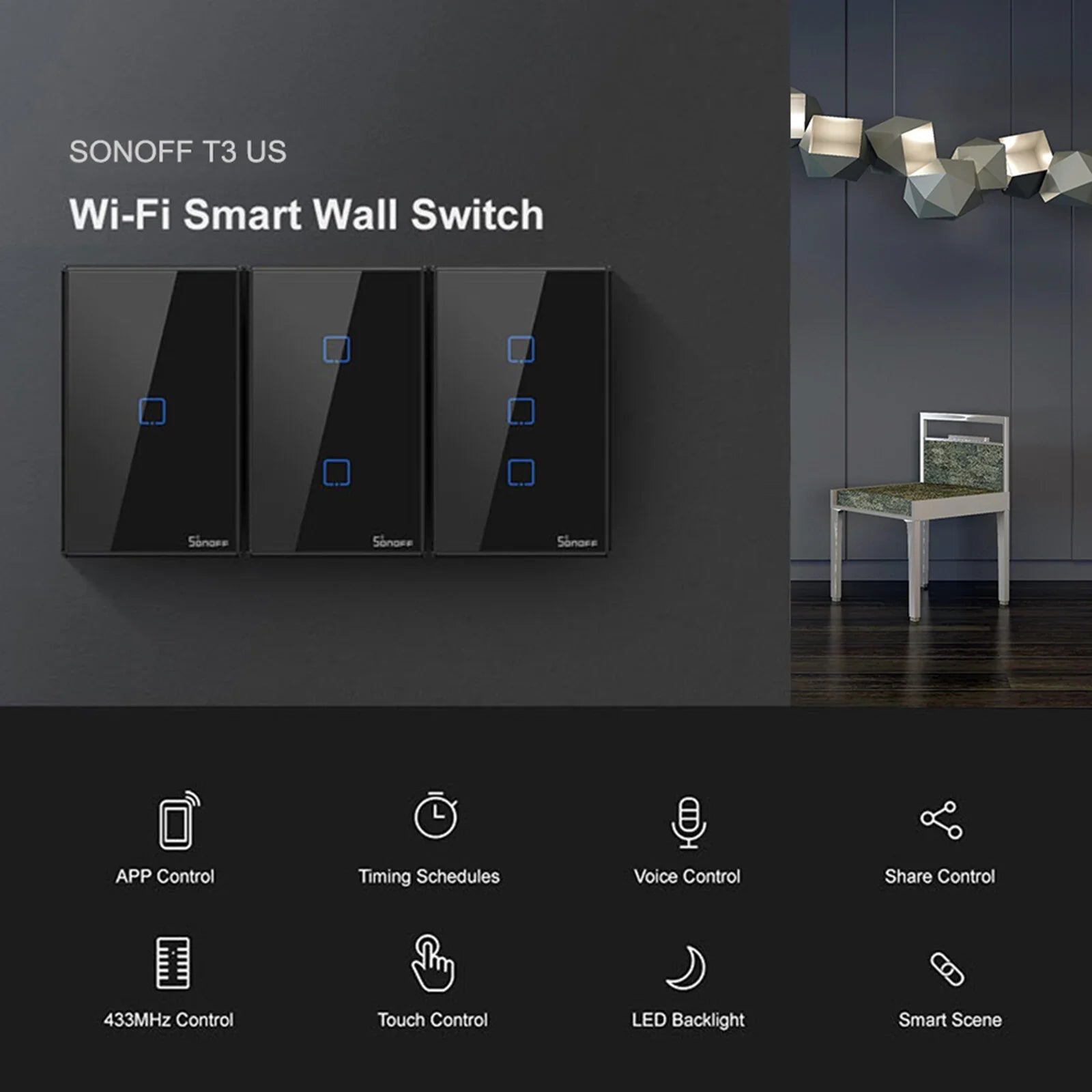 T3US2C- 2 Gang Smart WiFi Wall Light Switch 433Mhz  Remote Control /Touch Control Timer  Standard Panel Smart Switch Compatible with Google Home/Nest & Alexa