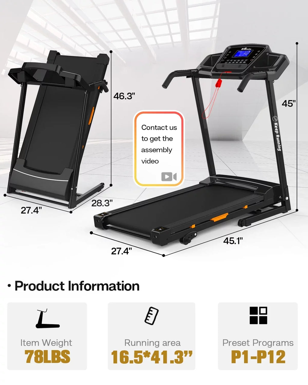 Folding Treadmill for Home with Incline / Bluetooth, 3.5HP 330lb Weight Capacity Portable Electric Treadmill for Home Gym Exercise Running Walking Easy Assembly Orange