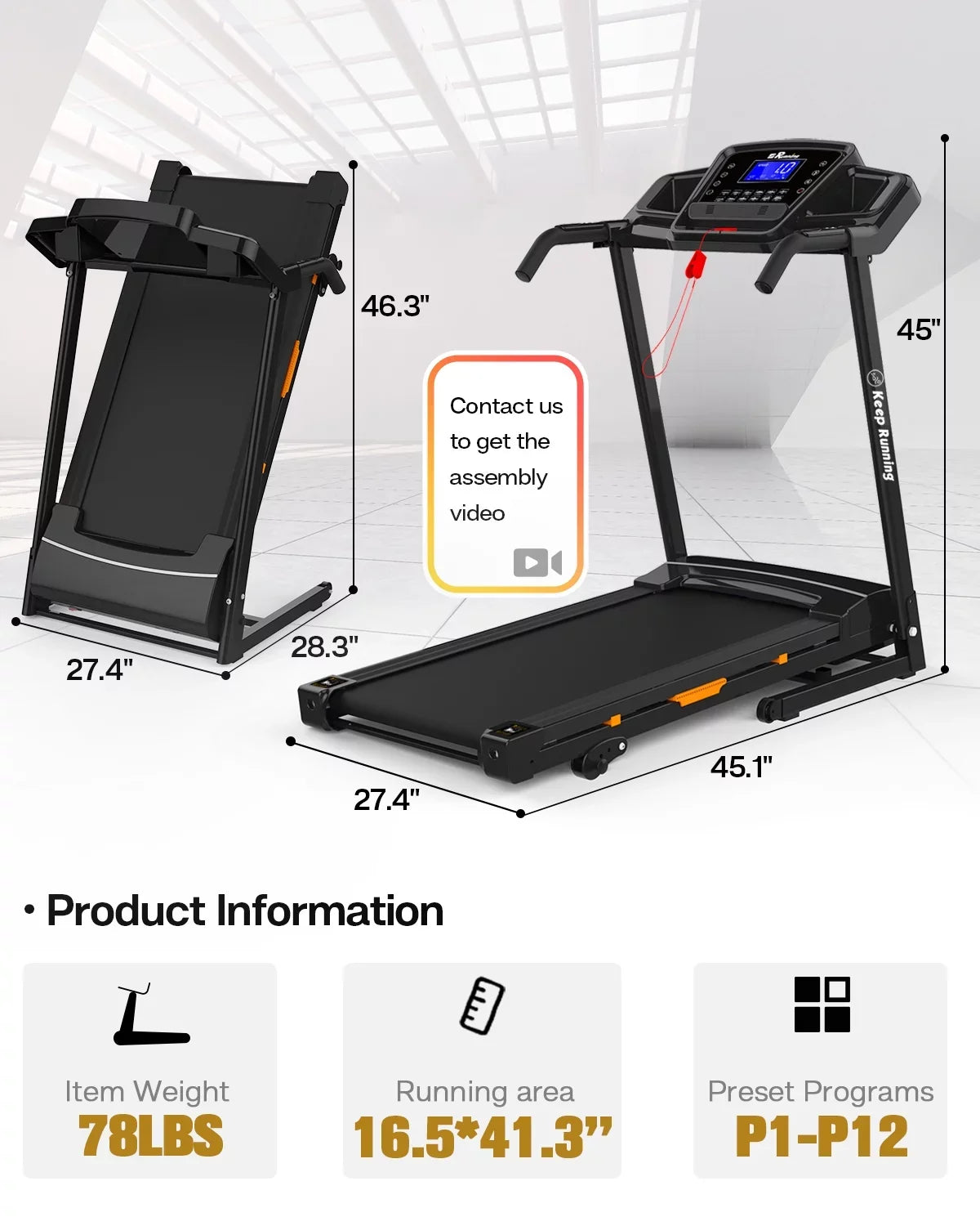 Folding Treadmill for Home with Incline / Bluetooth, 3.5HP 330lb Weight Capacity Portable Electric Treadmill for Home Gym Exercise Running Walking Easy Assembly Orange