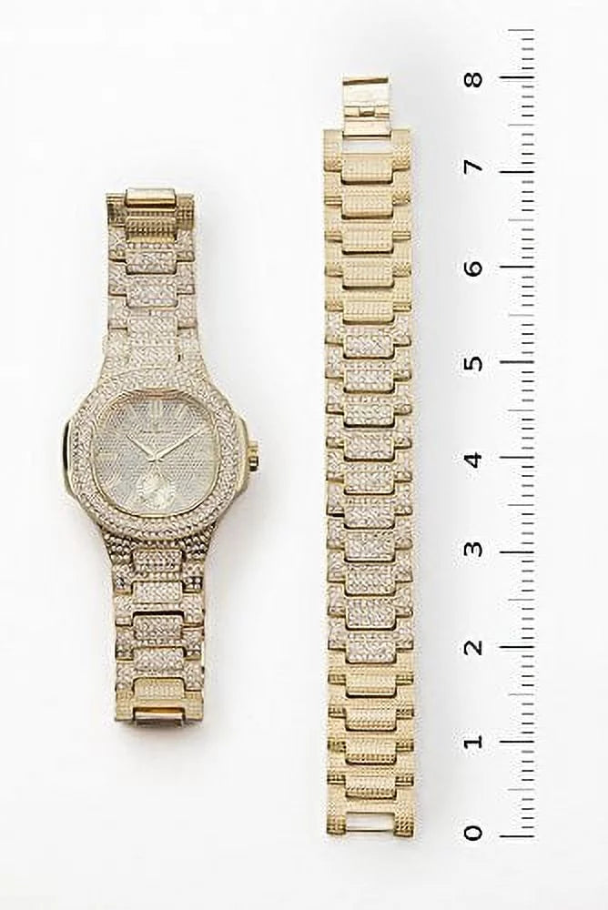 Bling-ed Out Oblong Case Metal Mens Watch w/Matching Bling-ed Out Bracelet Set - 8475B (Gold/Gold)