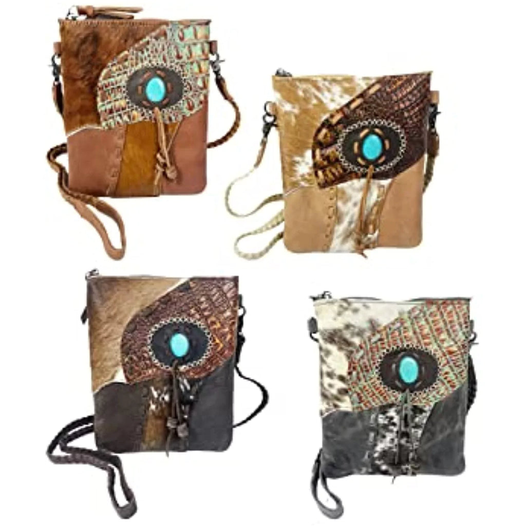 Urbalabs Western Crossbody Purse Cowhair Handbag Leather Teal Stone Tassel Tooled Tote Bag Hand Stitched Purses (Dark Brown)