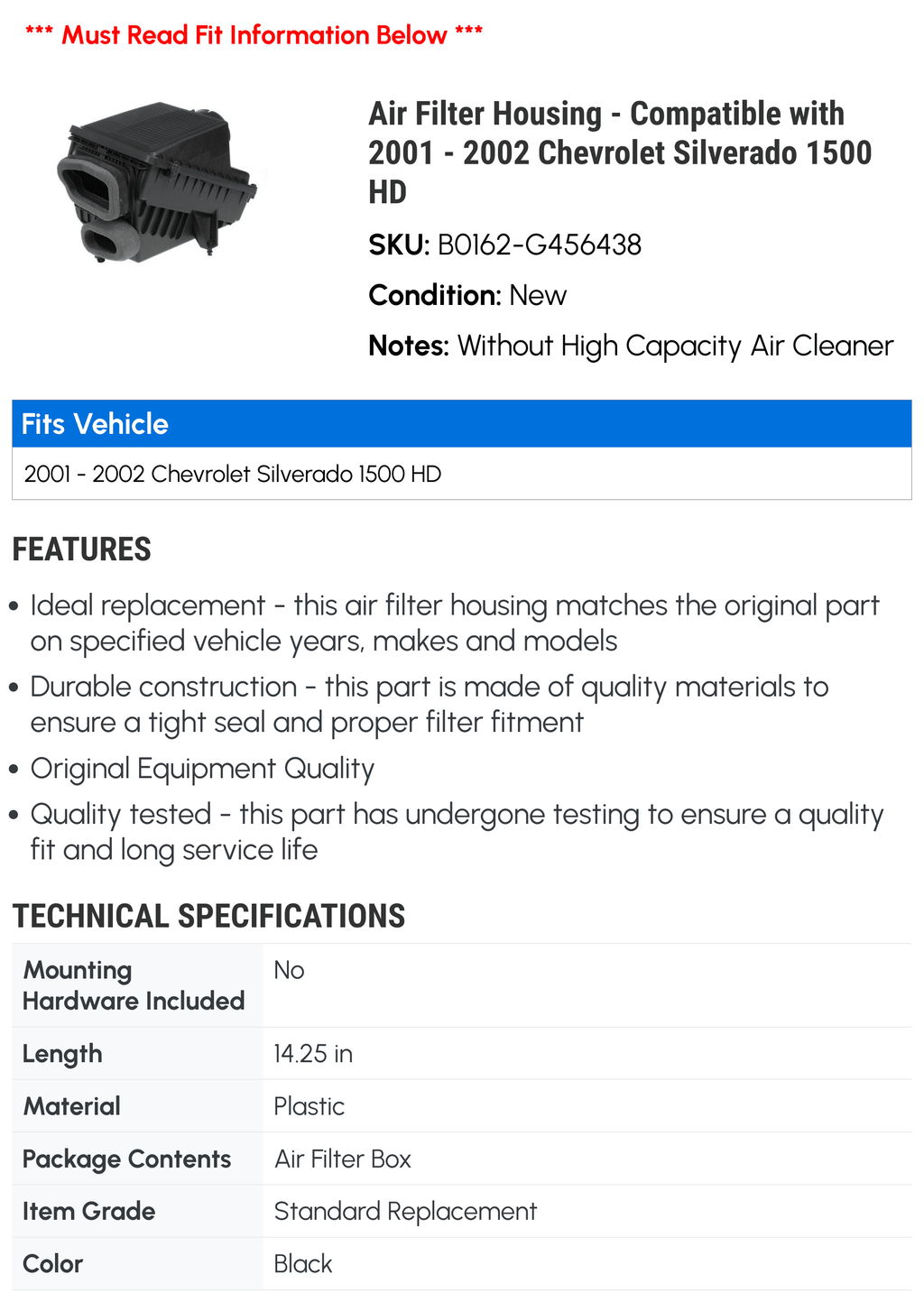 Air Filter Housing - Compatible with 2001 - 2002 Chevy Silverado 1500