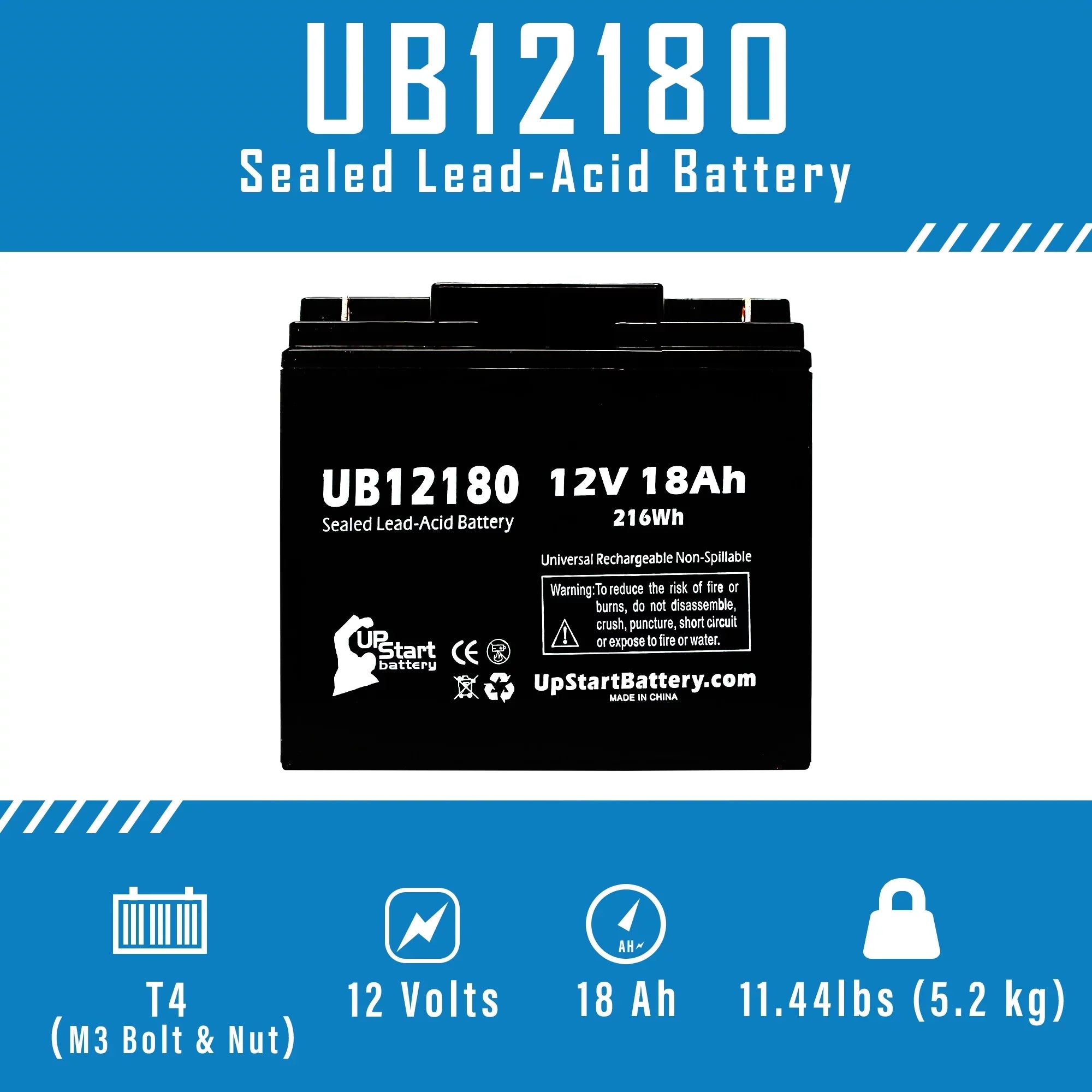 2x Pack - Compatible  / Portalac PX12180 Battery - Replacement UB12180 Universal Sealed Lead Acid Battery (12V, 18Ah, 18000mAh, T4 Terminal, , )