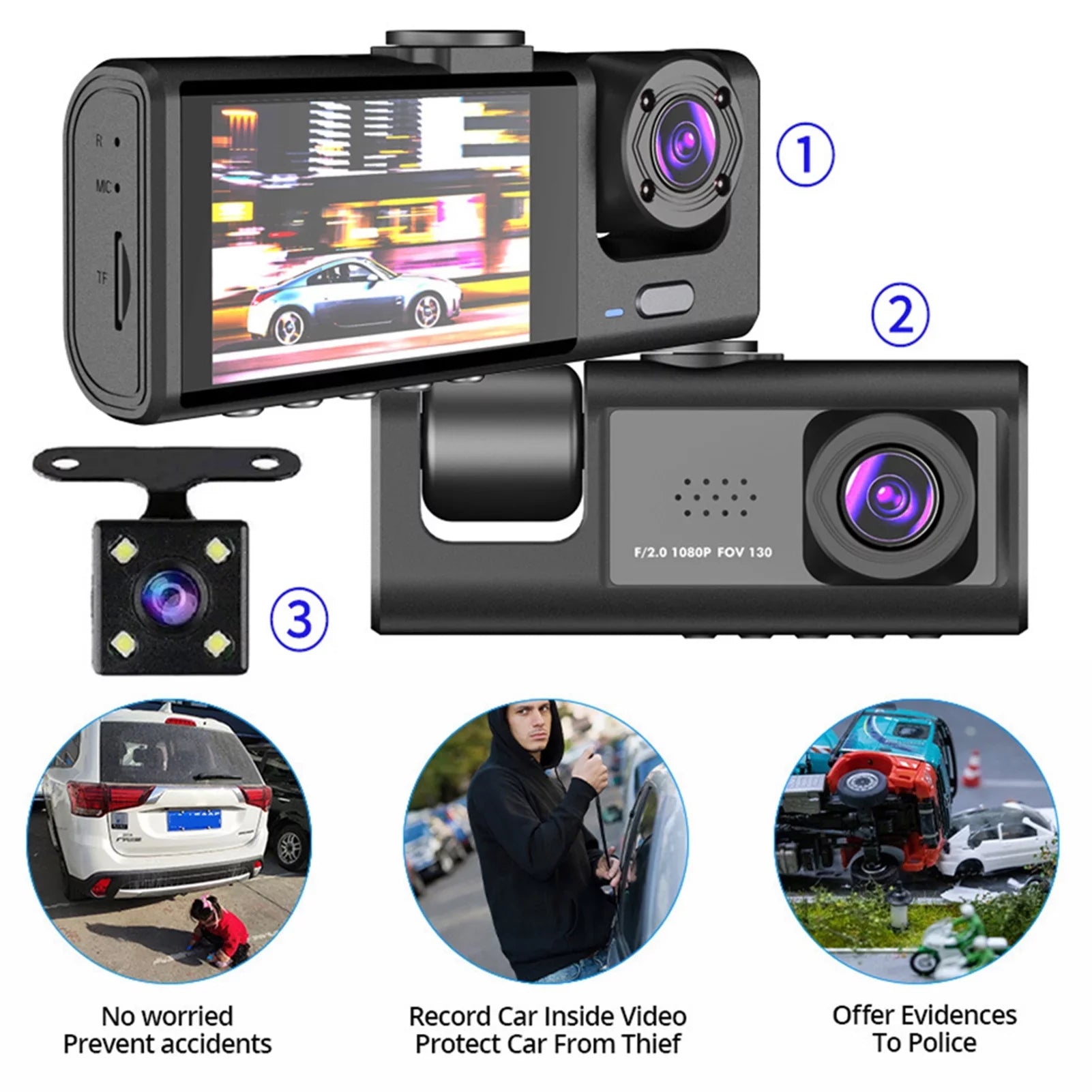 Andoer Dash Cam Front and Rear Inside 3 Cameras 1080P+720P+480p Car Rearview Mirror Car Video Recording Camcorder Night Vision Car Camera Recorder Auto Safety Driving Recorder