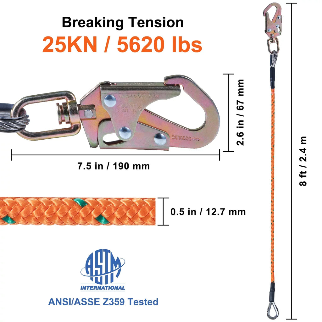 Steel Core flipline, 1/2" x 8' Arborist Flipline, Flip Line for Tree Climbing with Alloy Steel Snap Hook, Aluminum Alloy Carabiner and Extra Tool Lanyard, for Arborist, Tree Climbers