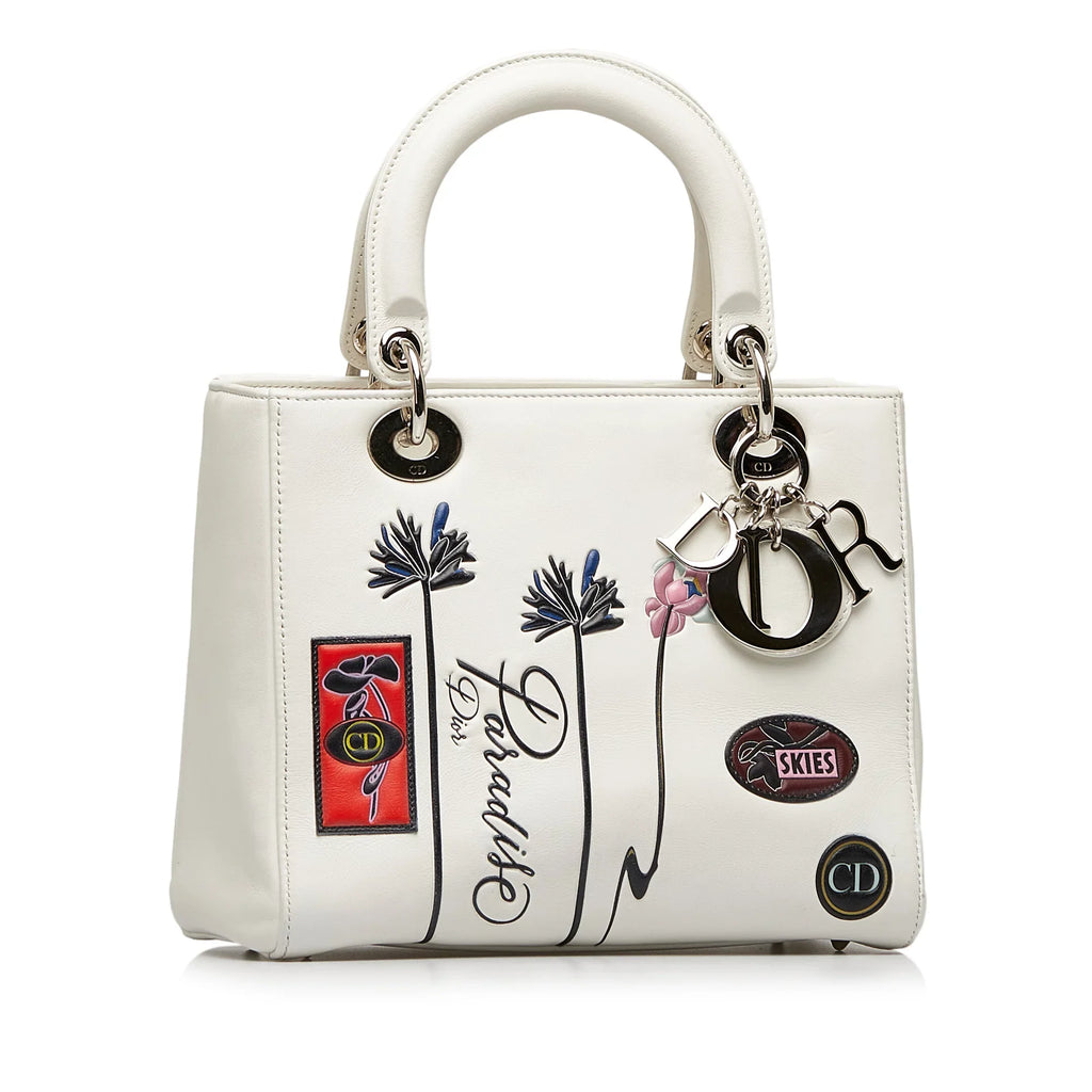 Pre-Owned Authenticated Medium Lambskin Paradise Lady Dior Leather White Satchel Unisex (Good)