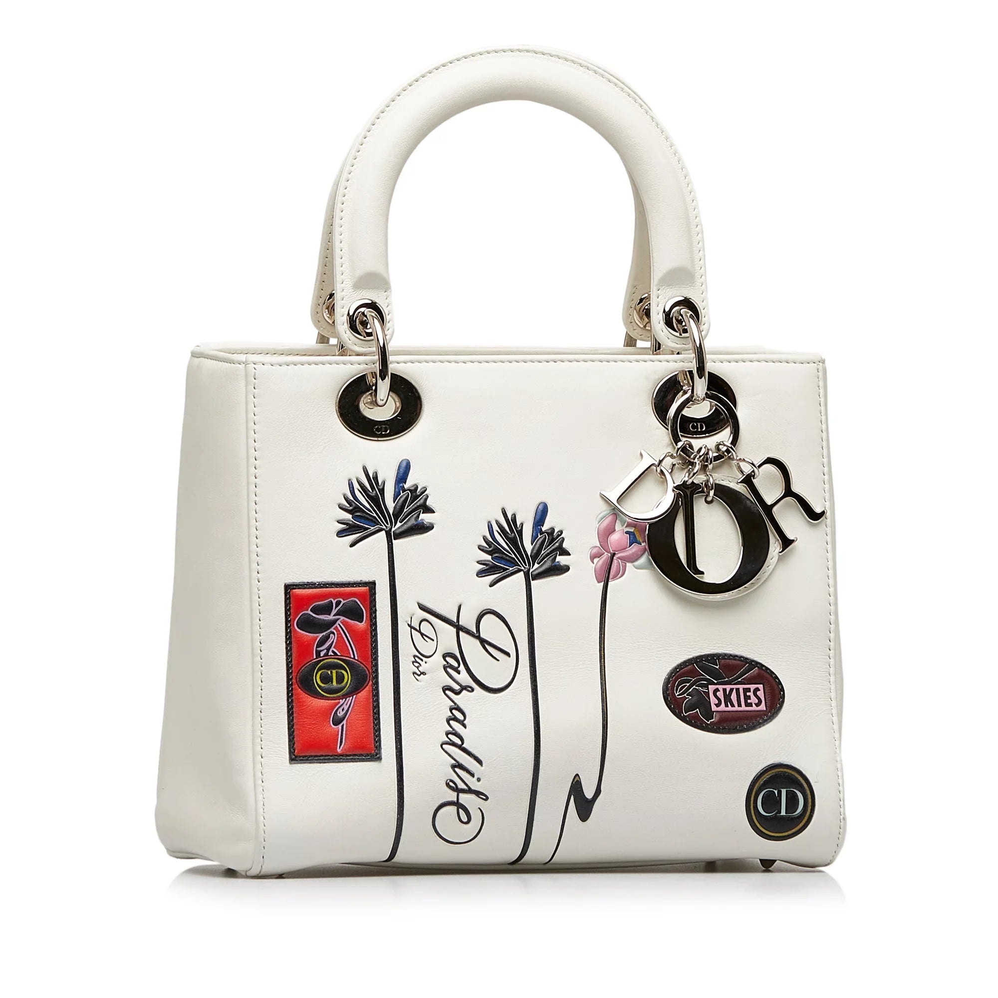 Pre-Owned Authenticated Medium Lambskin Paradise Lady Dior Leather White Satchel Unisex (Good)