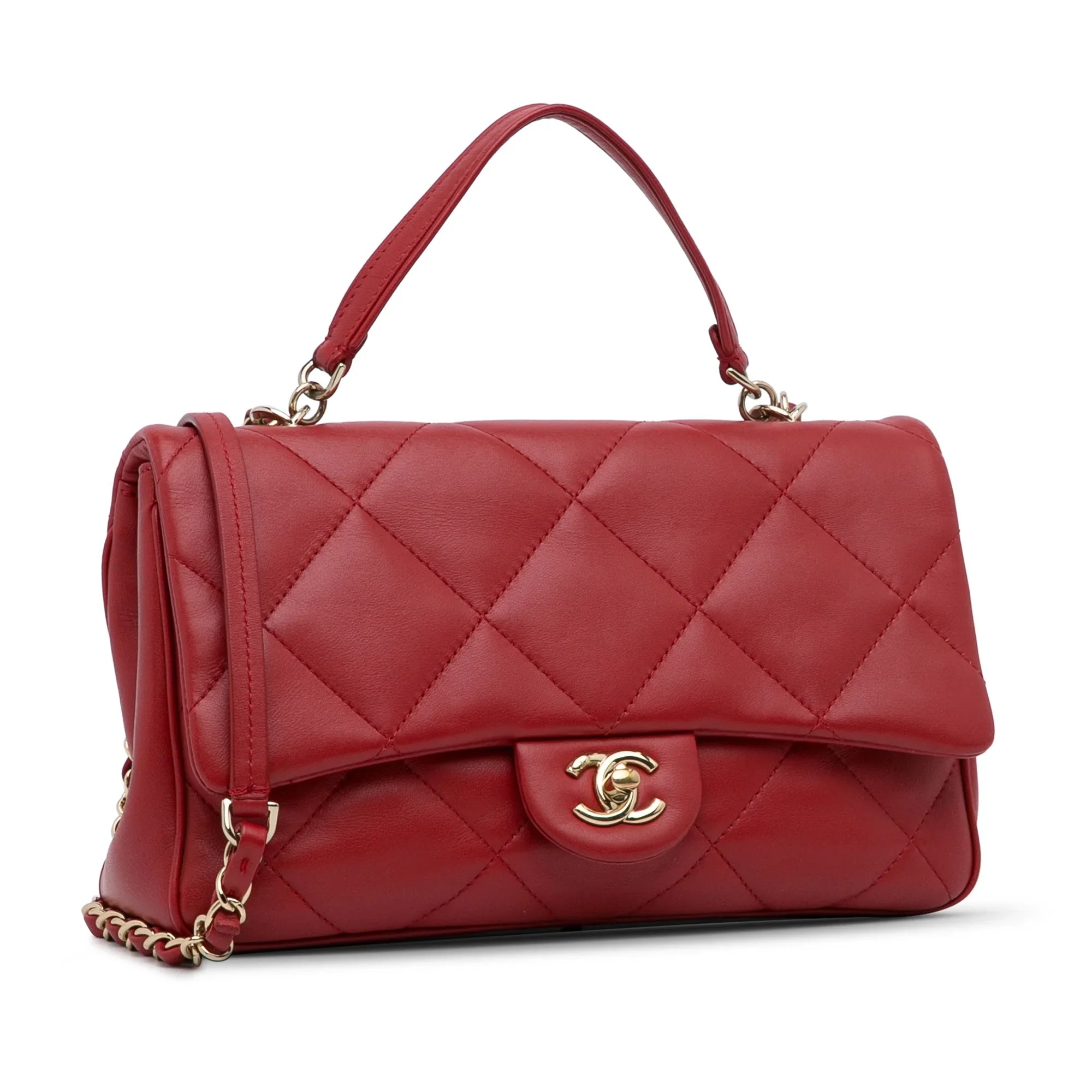 Pre-Owned Authenticated Chanel Small Easy Carry Flap Bag Lambskin Leather Red Satchel Unisex (Good)