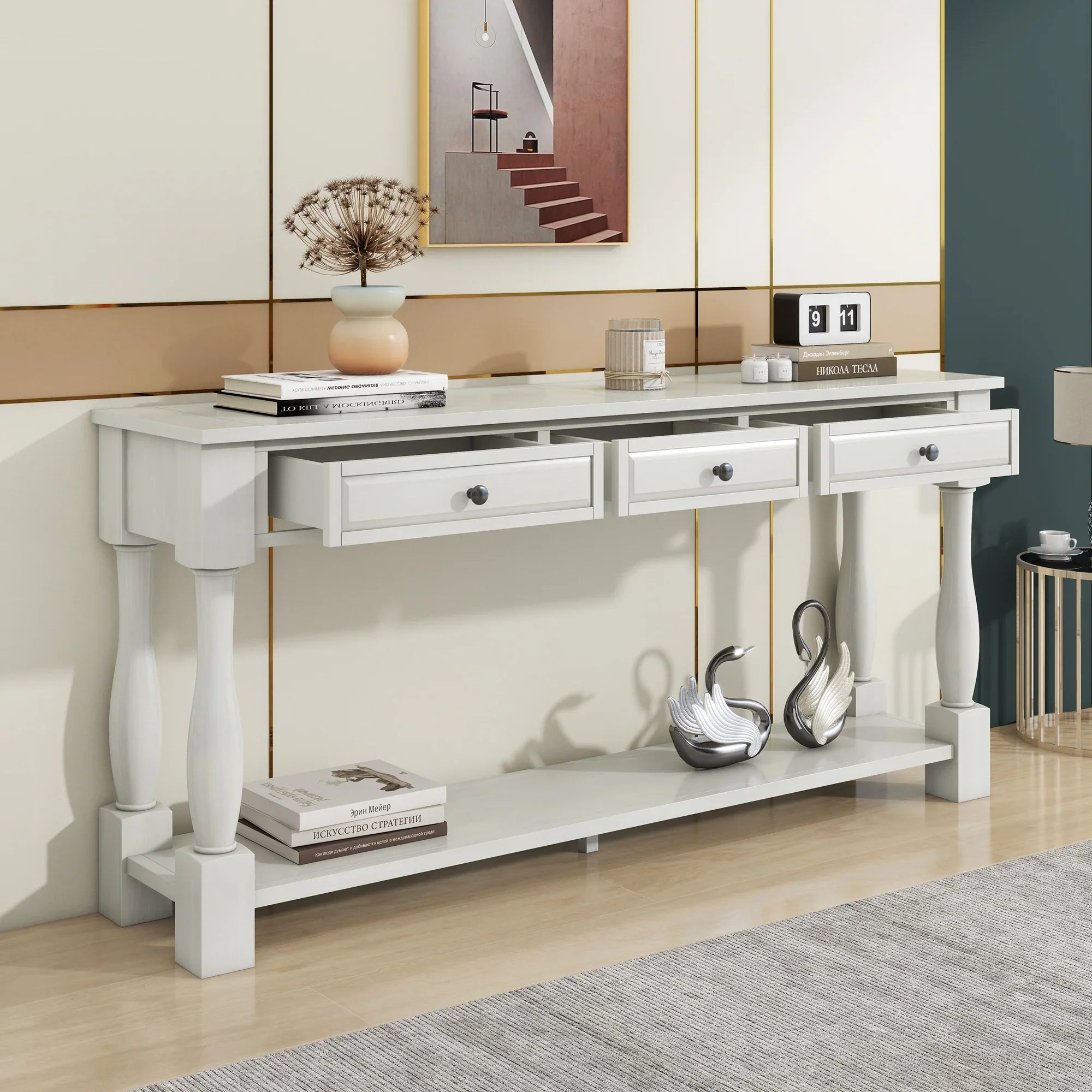 Console Table 63" Long Console Table with Drawers and Shelf for Entryway, Hallway, Living Room (Antique White,  : WF193795AAK)