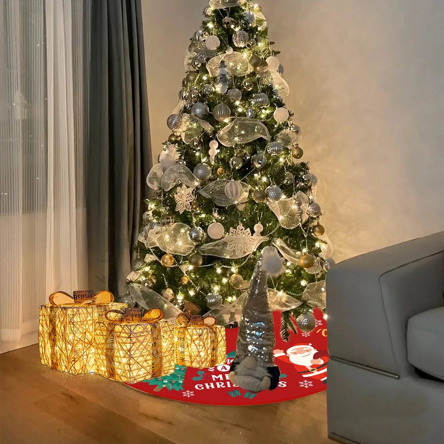 Christmas Tree Skirt 36 Inches Red and Gold Tree Skirt Ornaments Soft Plush Christmas Tree Mat with Snow Pattern for Decorations Holiday Party Indoor Outdoor