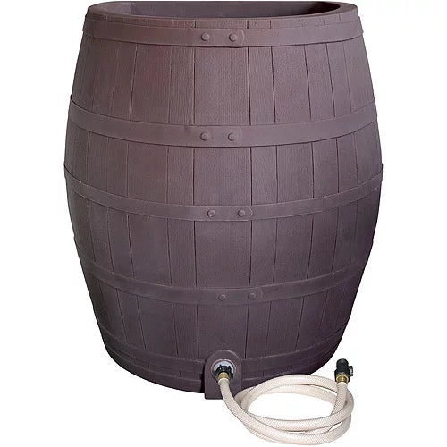 Rescue 50-Gallon Whiskey Rain Barrel – Includes Planter, Rain Water Diverter, Outlet Hose – Flatback Design – Brown