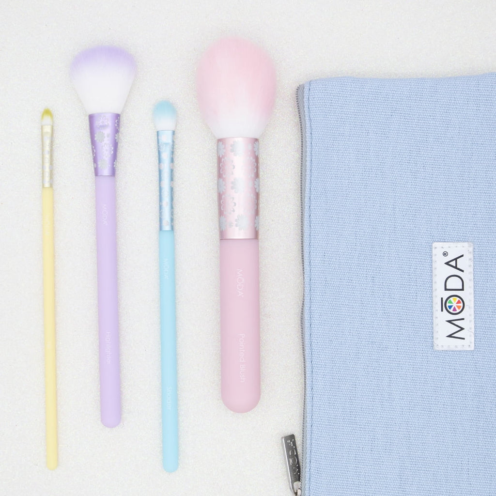 Moda Brush Posh Pastel Complete Face 5pc Makeup Brush Set, Includes Pointed Blush, Highlighter, and Shader Makeup Brushes