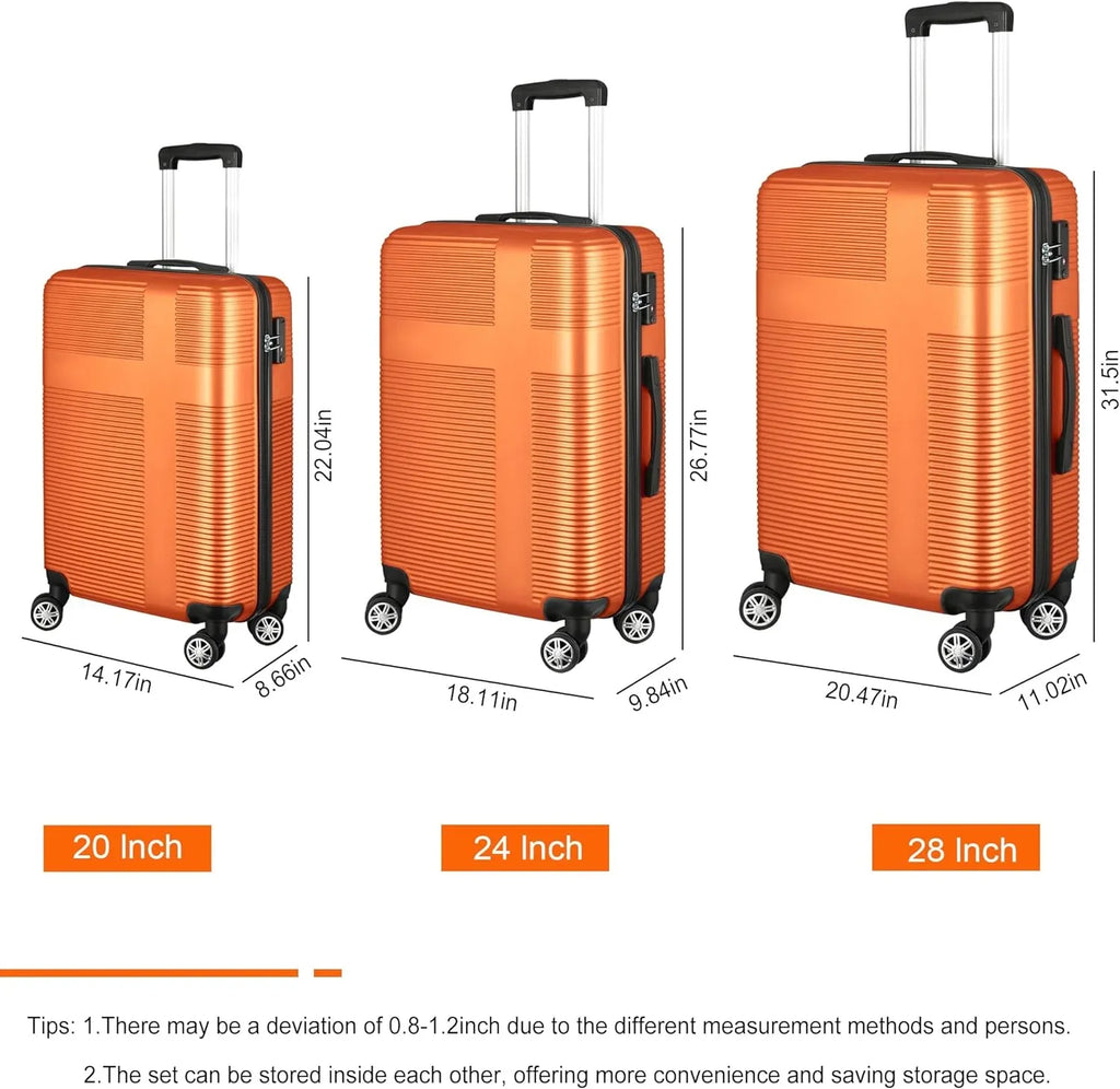 Orange(20in/24in/28in) Suitcase Set 3 Piece, Hardside Luggage Sets with Spinner Wheels,Orange Luggage Sets for Women with  Lock