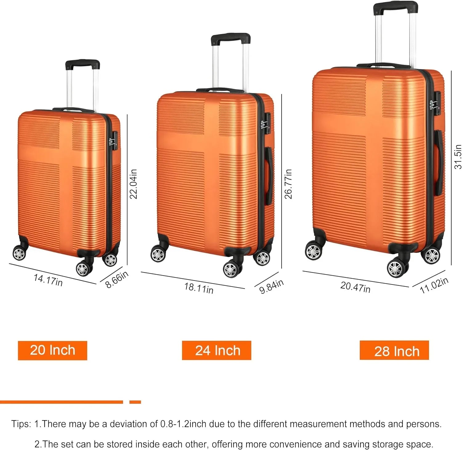 Orange(20in/24in/28in) Suitcase Set 3 Piece, Hardside Luggage Sets with Spinner Wheels,Orange Luggage Sets for Women with  Lock