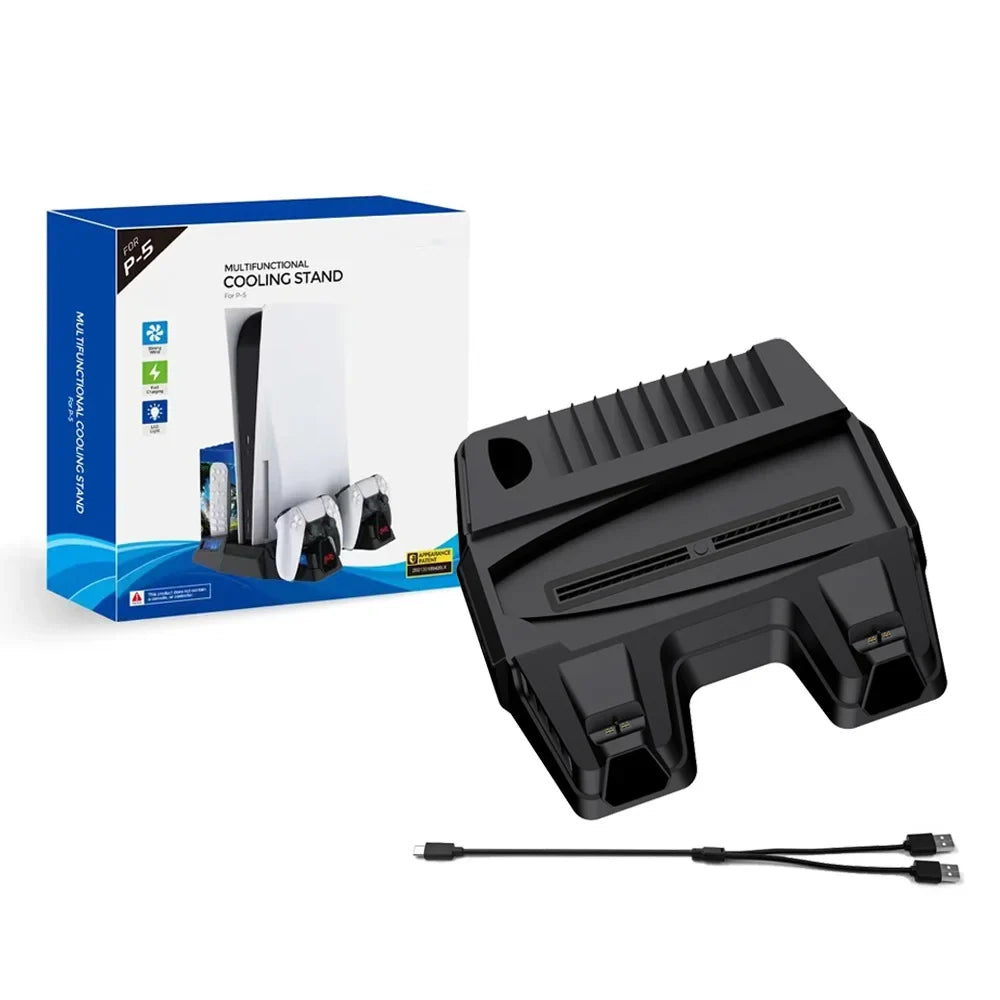 PS5 Cooling Stand Base with Charging, Disc Storage, and Multi-Functional Fan - Enhanced Cooling and Charging Dock for PlayStation 5 Digital and Disc Versions Console-Black