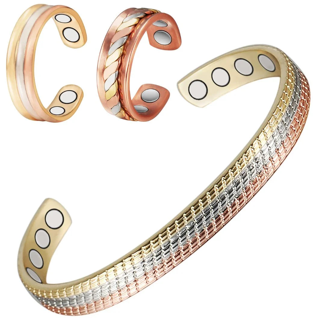 Wollet Magnetic Gold Copper Bracelets+2 Copper Rings for Women, Set of 3 , Fashion Health Christmas Gift