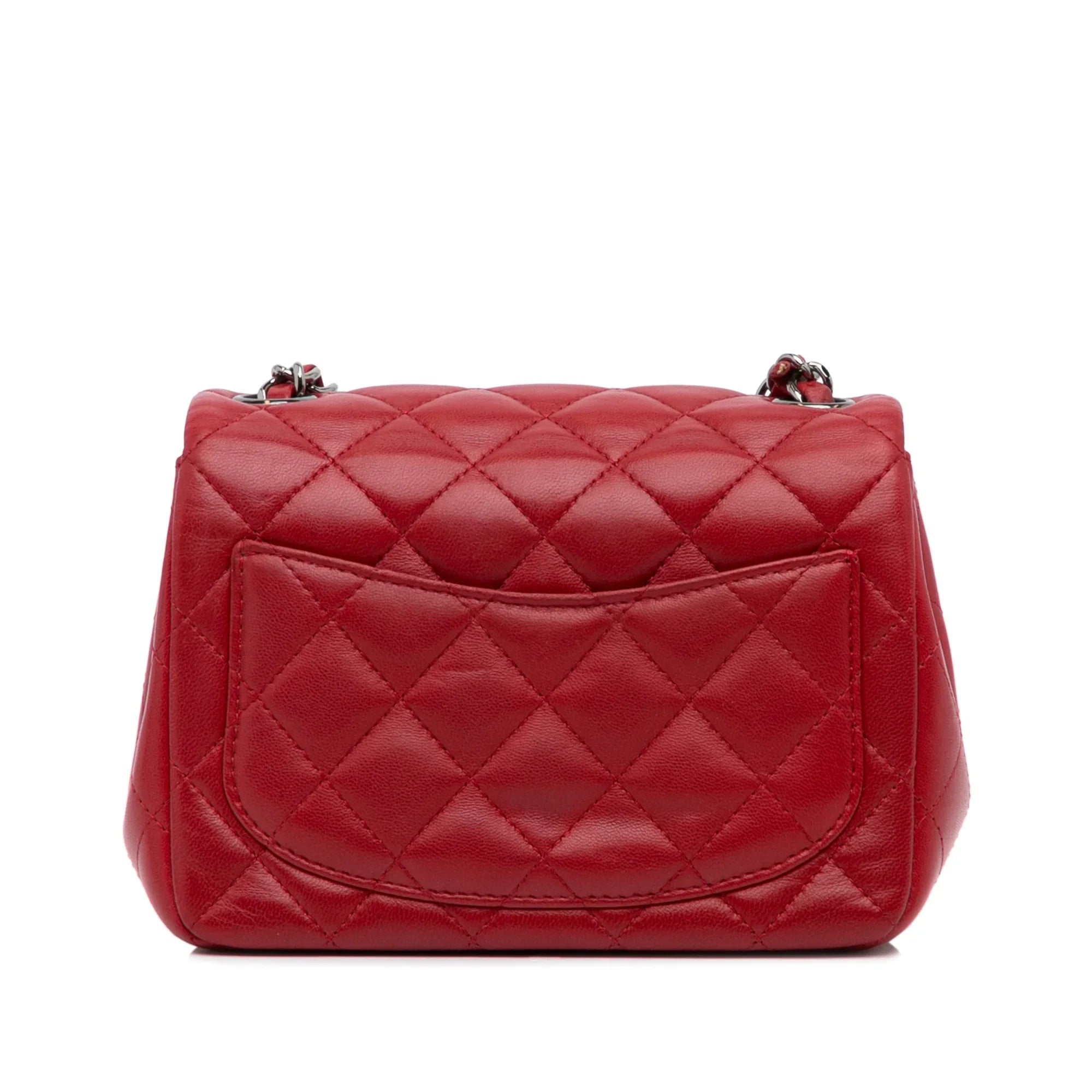 Pre-Owned Authenticated Chanel Mini Classic Lambskin Square Single Flap Leather Red Crossbody Bag Unisex (Good)
