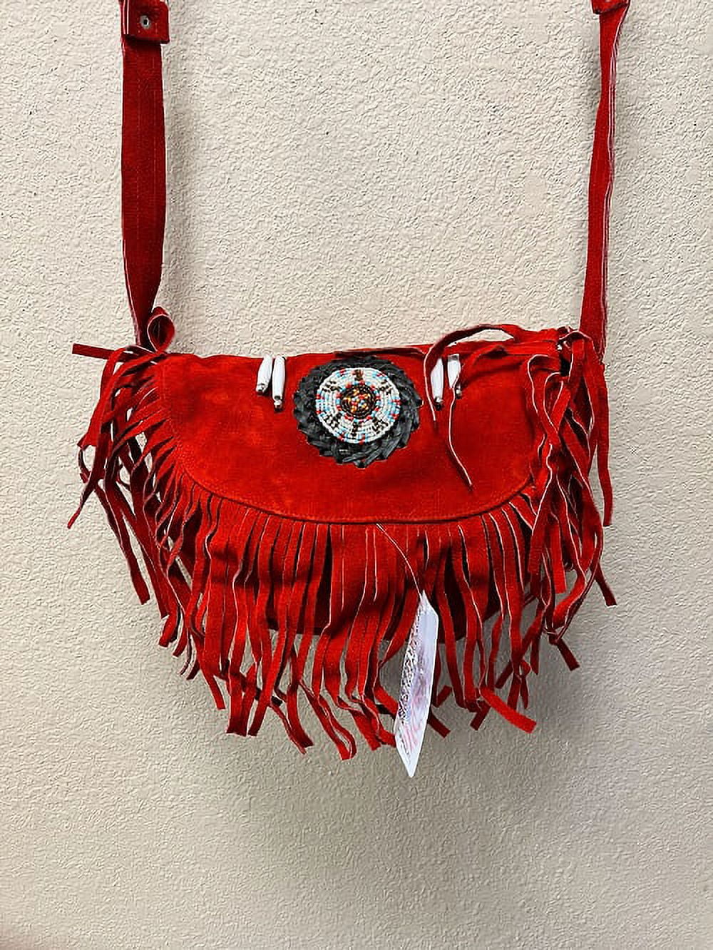 Ladies Fashion Motorcycle Heavy Duty Western Style Red Suede Cowhide Leather Handbag With Beads,Bones & Fringe