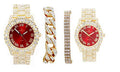 Bling'ed Out King and Queen Hip Hop Watch Set Perfect for Power Couples to Flaunt On and Off The Dance Floor - ST10325/ST10364 His&Hers (ST10327GldRed)