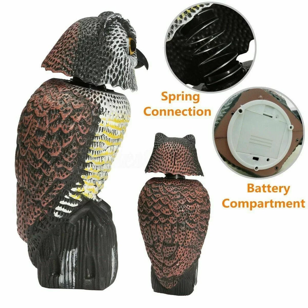 Owl Decoy 360 Rotate Head to Scare Birds, Scarecrow Owl Decoy Statue Realistic Scary Sounds & Shadow Fake Owl Outdoor Pest Bird Deterrent for Patio Yard Garden Protector