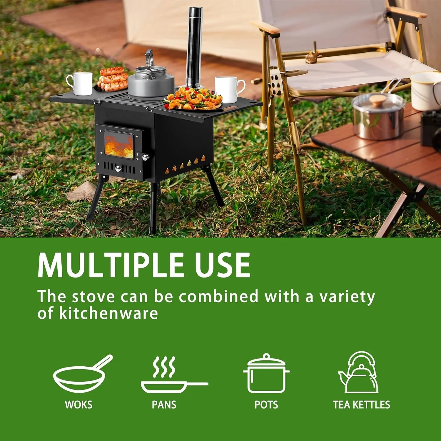Camping Wood Stove, Outdoor Portable Tent Wood Burning Stove with Stainless Chimney Pipes, Tent Stove Jack & Gloves for Outdoor Camping Cooking and Heating 1-2 People Use(Black)