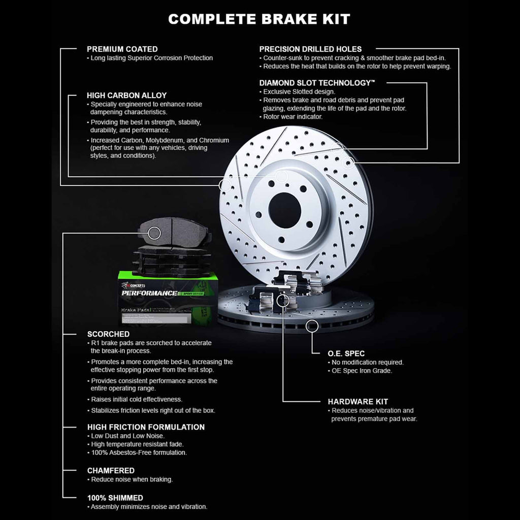R1 Concepts Front Brakes and Rotors Kit |Front Brake Pads| Brake Rotors and Pads| Peformance Sport Brake Pads and Rotors |Hardware WBSH1-68016