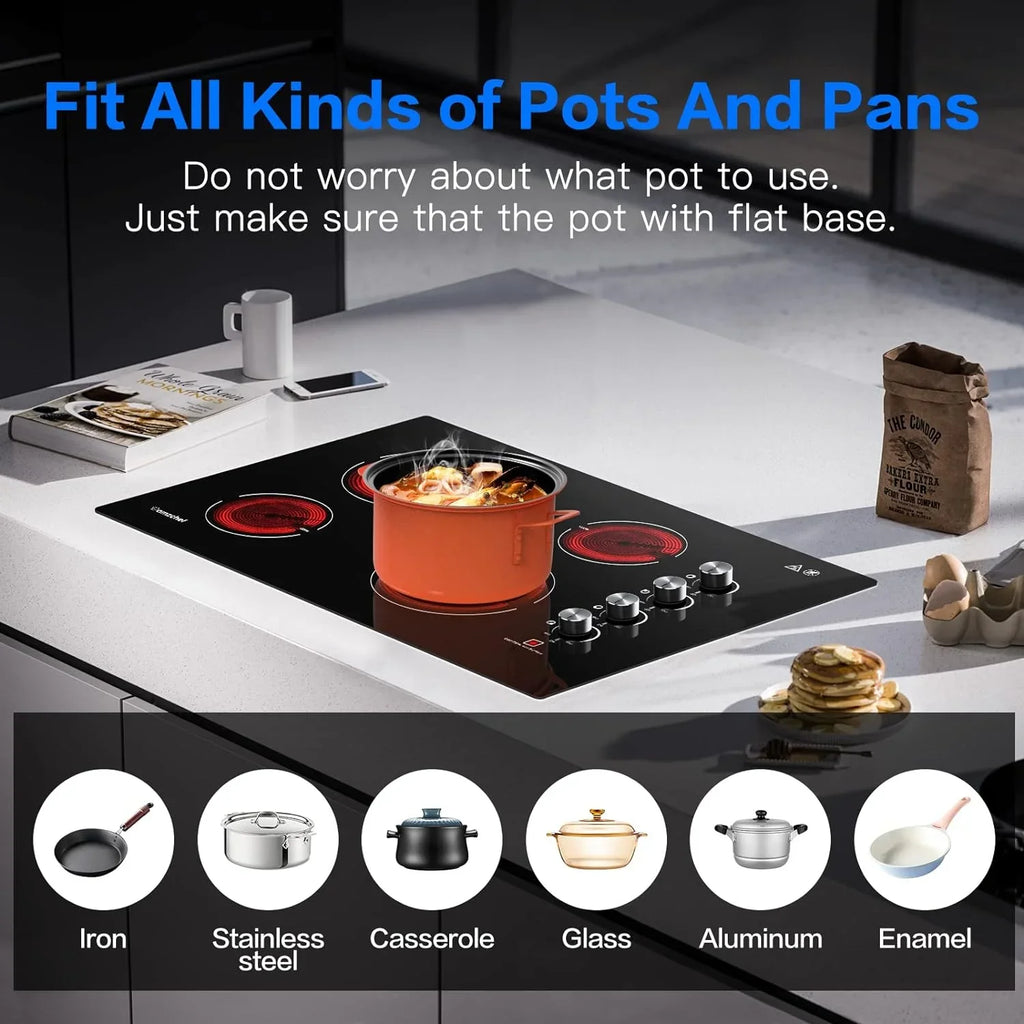 30 Inch Electric Cooktop Built-in Electric Burner with 4 Burners,  Safety Certified, 240V Power Control by Knob, 7000W Electric Stove with Hot Surface Indicator