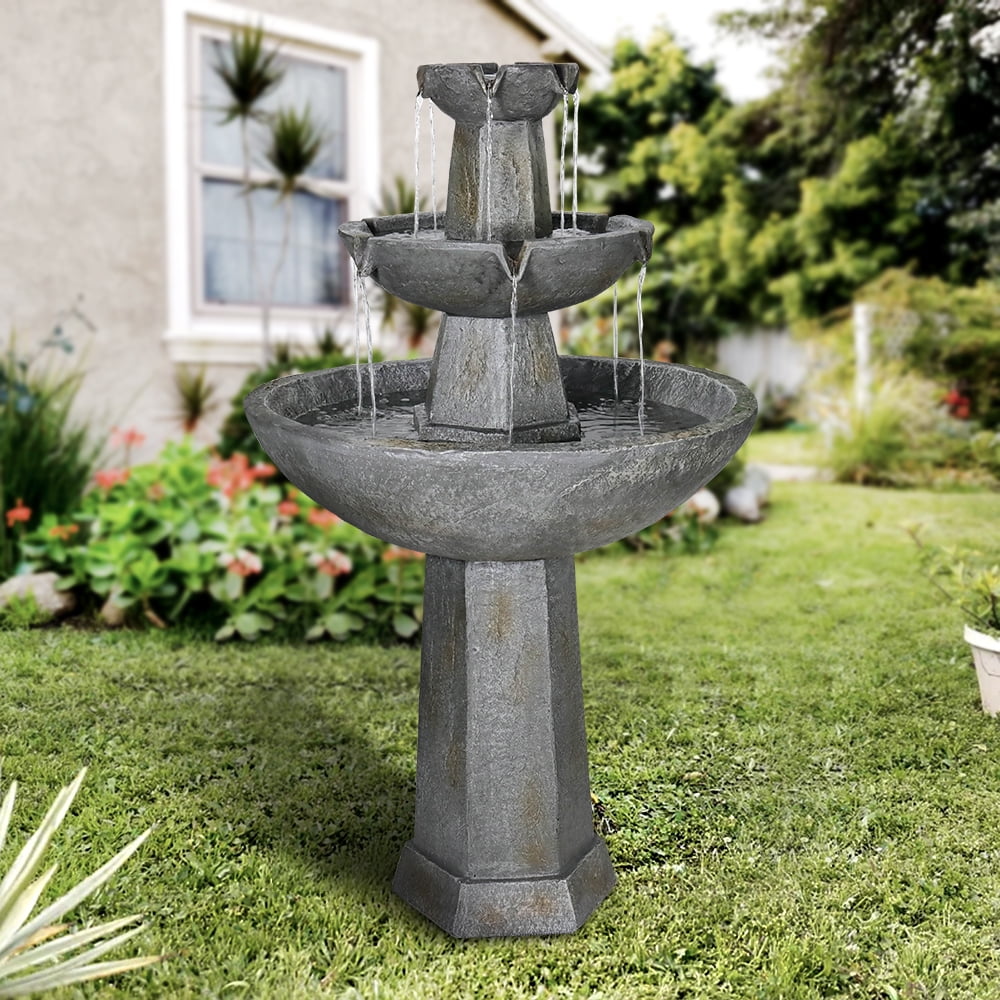 3 Tier Freestanding Waterfall Fountain, 43.3in H Outdoor Fountain with Bird Bath Decor for Garden Patio Backyard Deck Home Lawn Porch