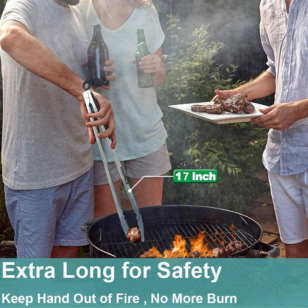 Tongs for Grilling, 17" Long Kitchen Cooking Stainless Steel Heavy Duty Locking Grill Tongs with Soft Grip Silicone Handle