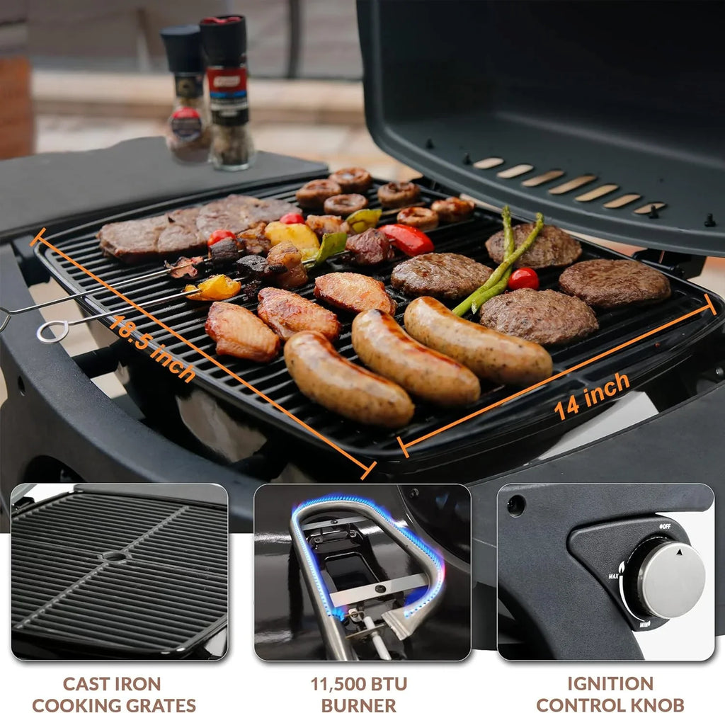 Propane Gas Grill, Portable Tabletop Barbecue Grill with Cart for Patio, Camping, Travel