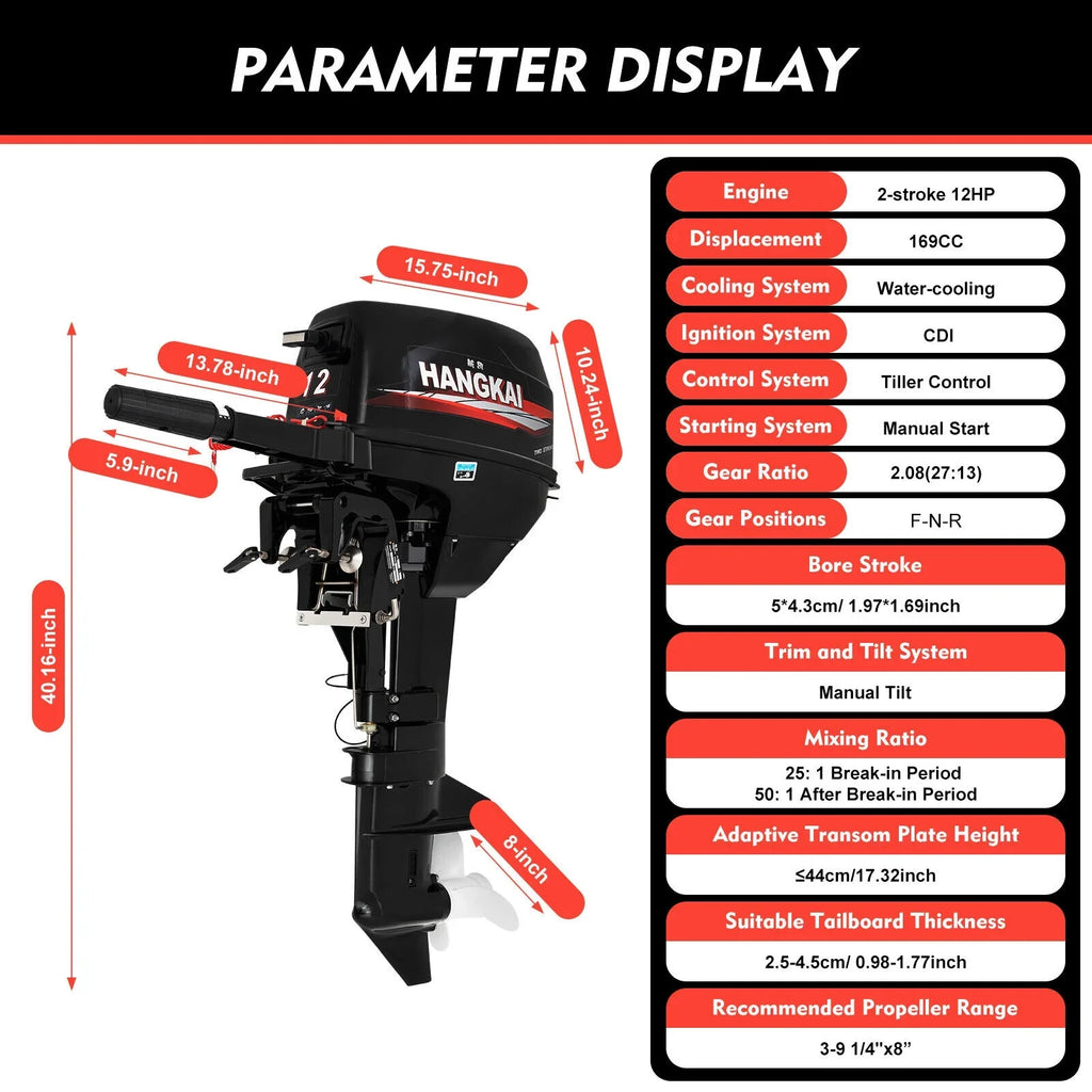 Outboard Motor, 2 Stroke 12 hp 169cc Heavy Duty Boat Engine Fishing Boat Motor w/ System Water Cooling System (2 Stroke 12 hp)