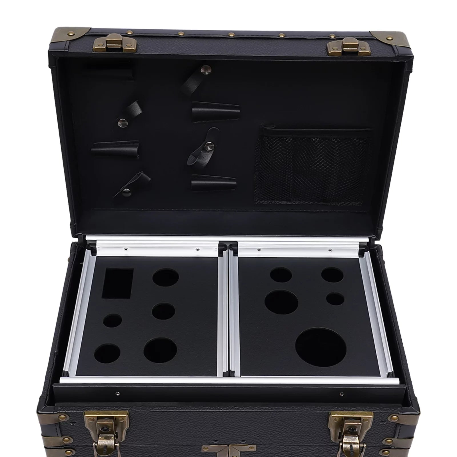 Miumaeov Rolling Lockable Makeup Train Case, Hairdressing Trolley Stylist Beauty Salon Cosmetic Luggage, Travel Organizer Tool Box with Hair Dryer Holder