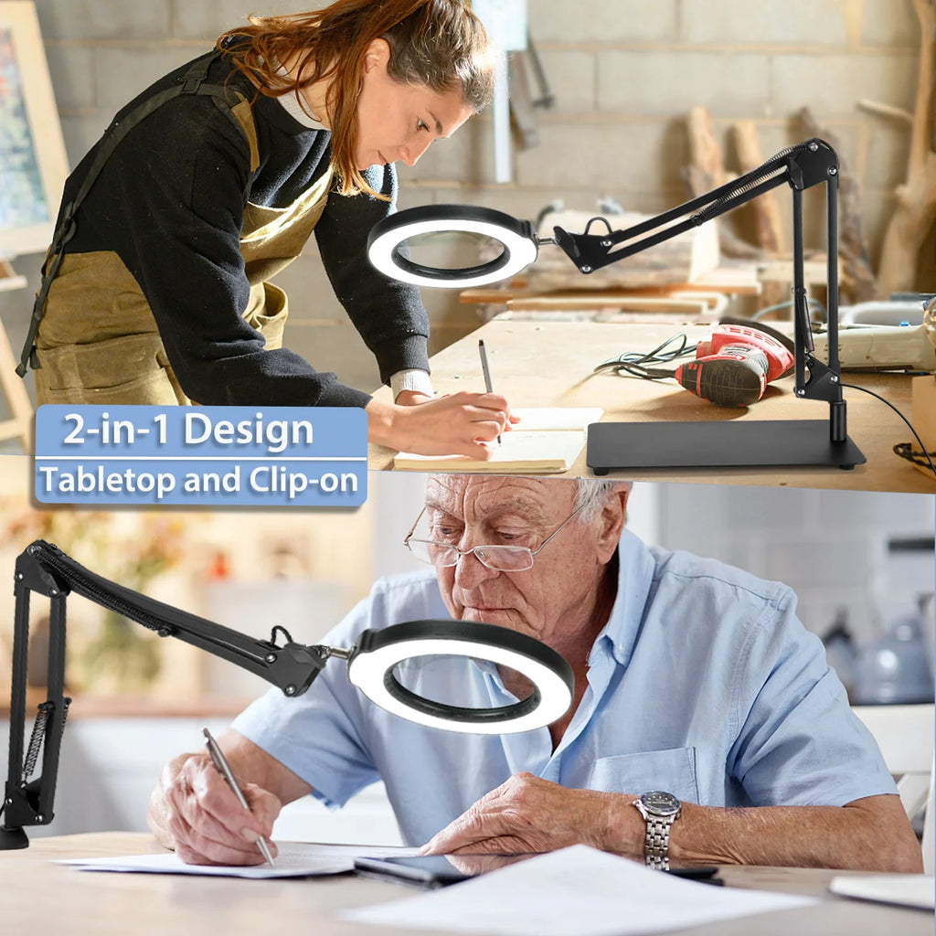 10X Magnifying Glass with Light and Stand, 2-in-1  Magnifying Desk Lamp with Clamp, 5 Color Modes Stepless Dimmable, Hands Free Lighted Magnifier for Craft, Painting, Close Work, Sewing