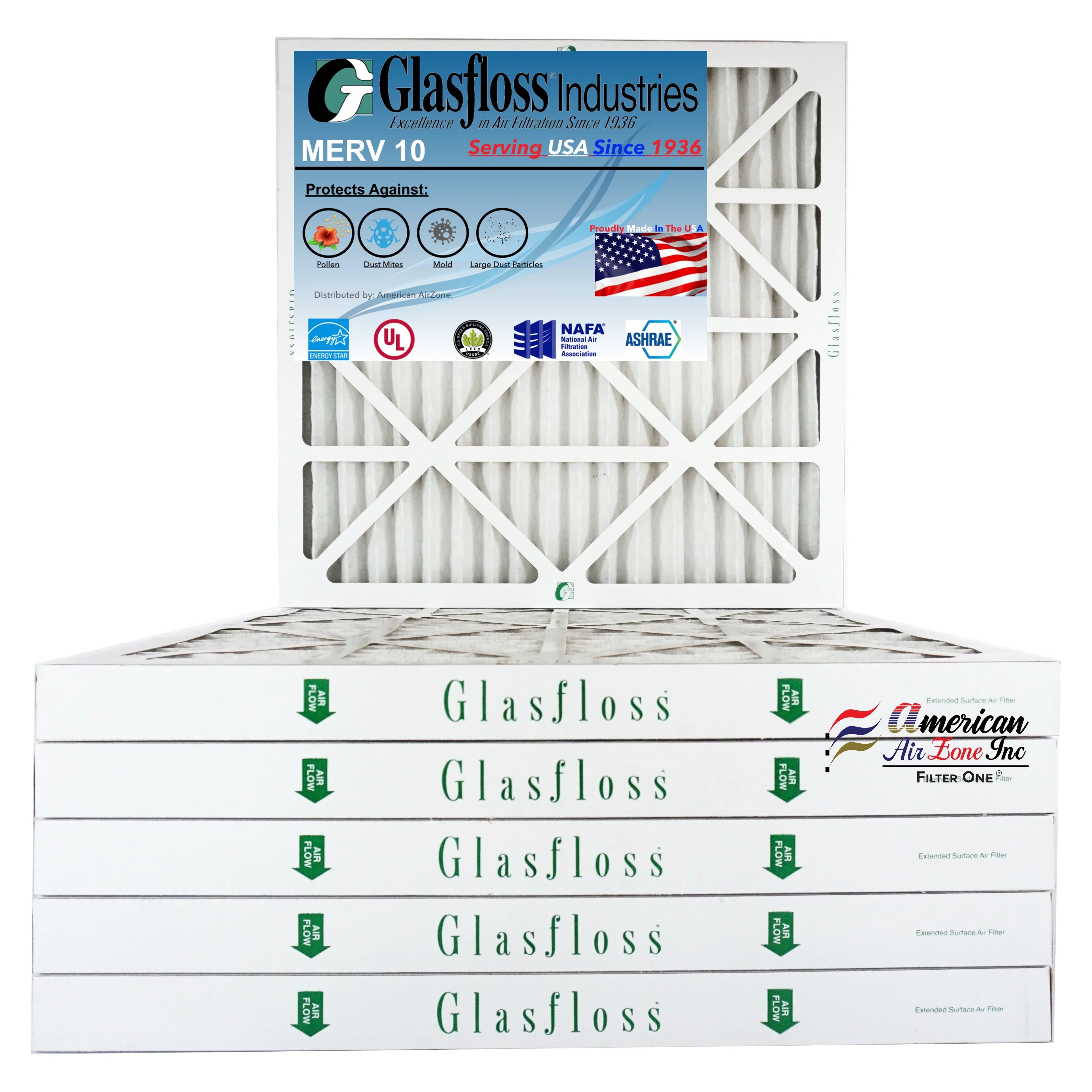 Glasfloss Air Filter 25x25x2 - 2"  10 - (Pack of 6) - Pleated  or  Air Filter - Furnace Air Filter - Home or Office - Made In The .