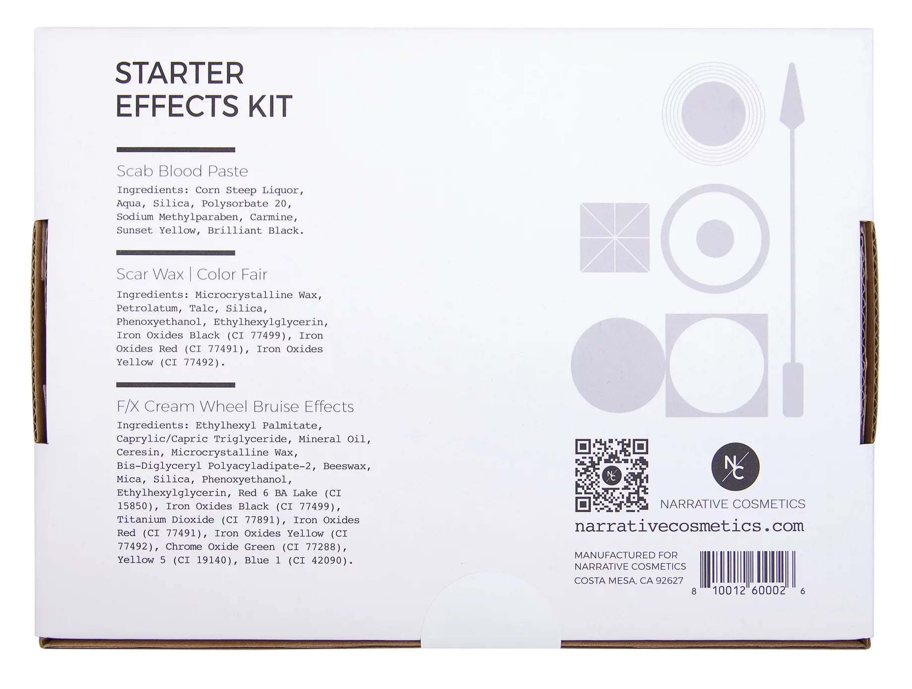 Narrative Cosmetics Starter Effects Kit - 6 Color Bruise Wheel, Scar Wax with Double Sided Spatula, Scab Blood Paste, and Foam Makeup Sponge Block - Perfect for Special  and Theatrical Makeup