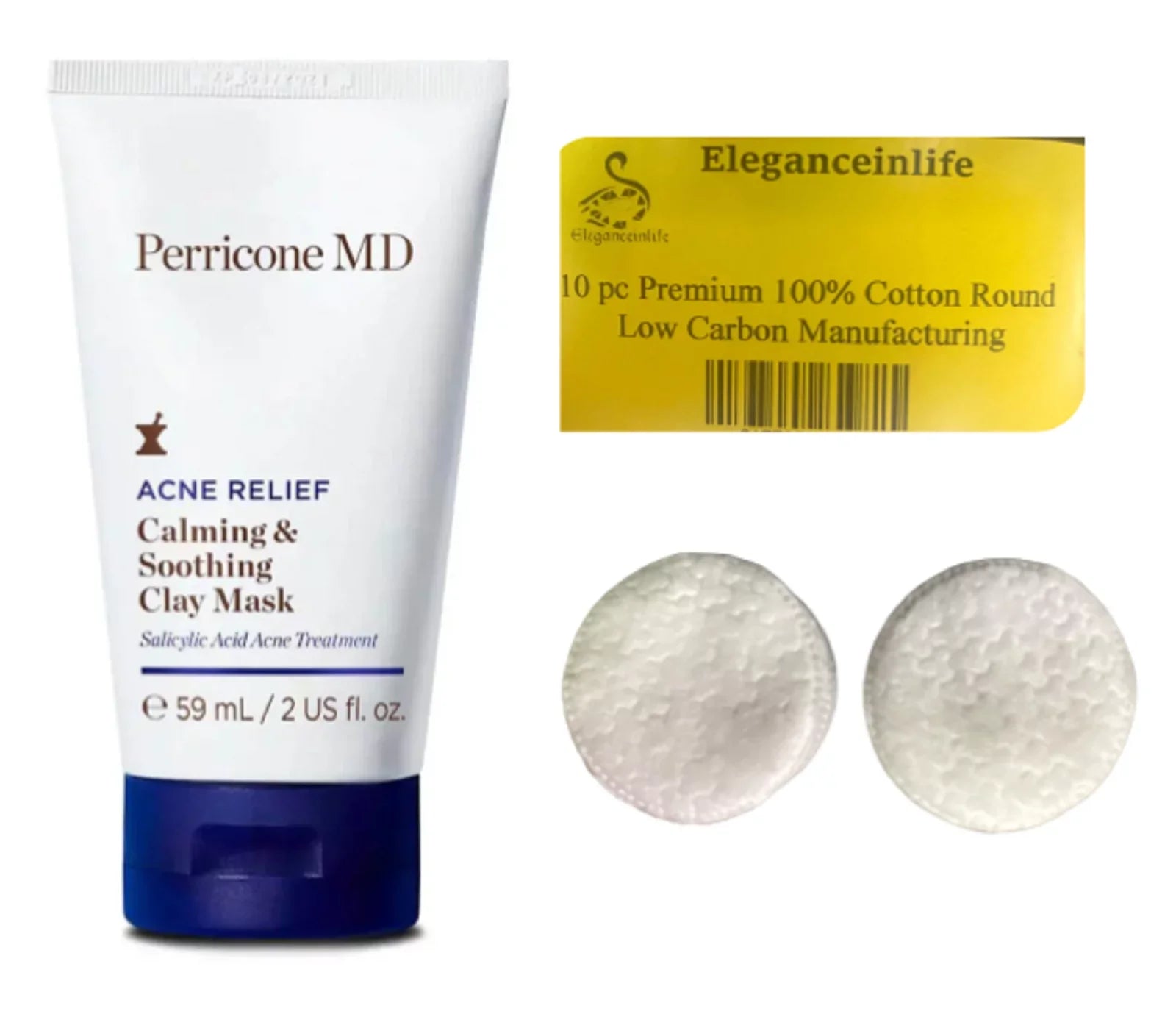 Perricon  Acne Relief Calming & Soothing Clay Mask 2 oz +10pc Eleganceinlife Cotton Round  Makeup Remover Pack of 1