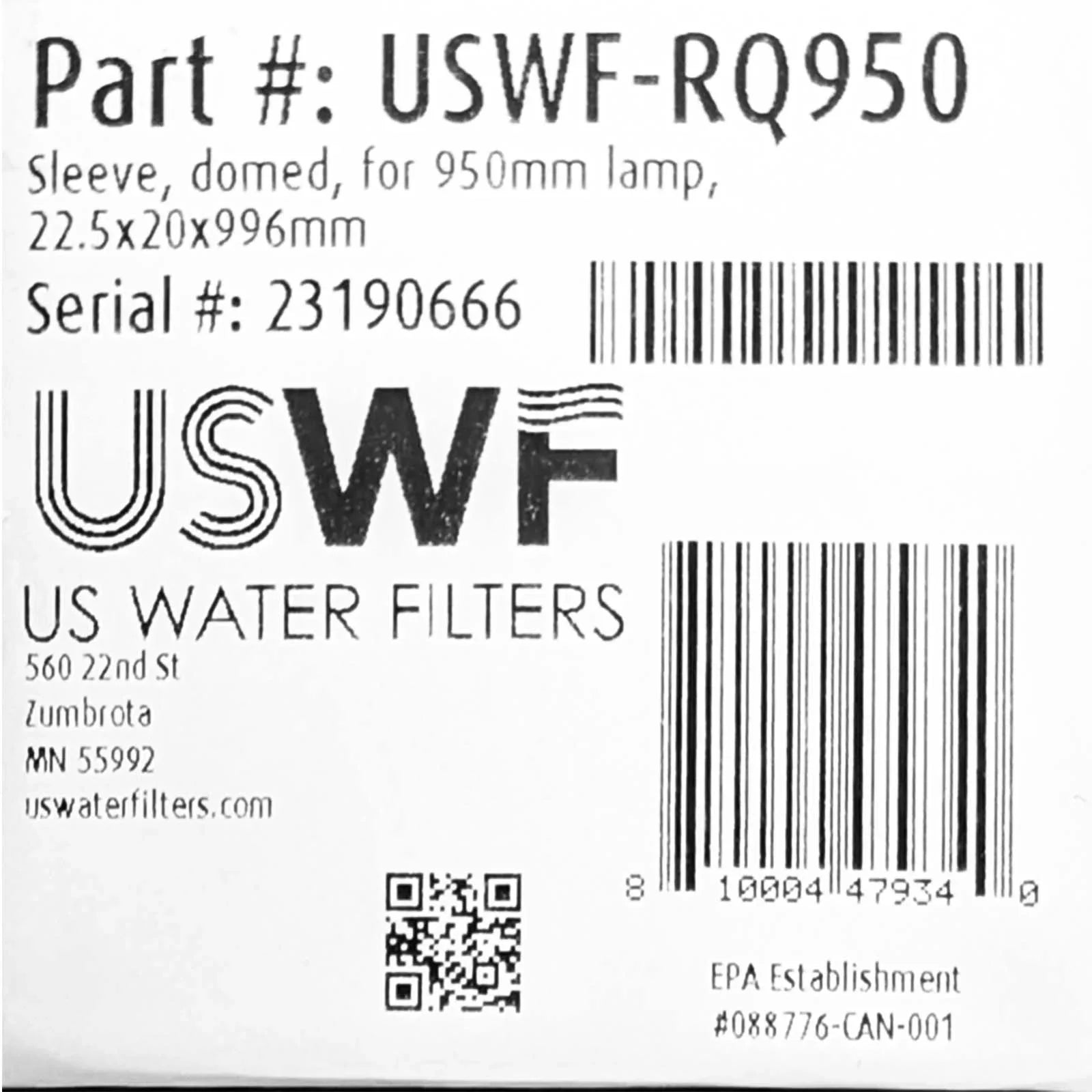 Water Filters RQ950 Replacement Quartz Sleeve for  H4- Pool Ultraviolet Light Sterilizer