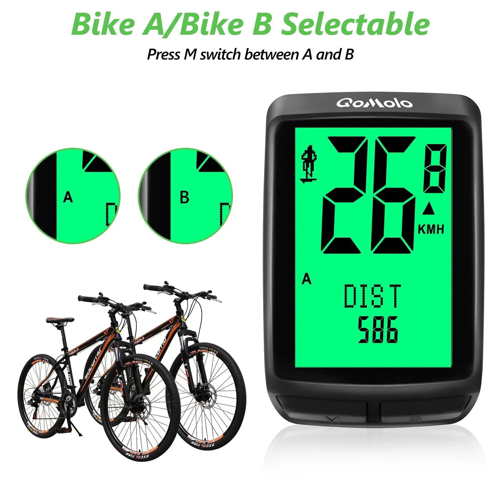 Wireless Bike Computer, Multi-Functional Bike Speedometer, IPX6 Waterproof Large Screen Cycle Computer Automatic Wake-up  Backlight Display
