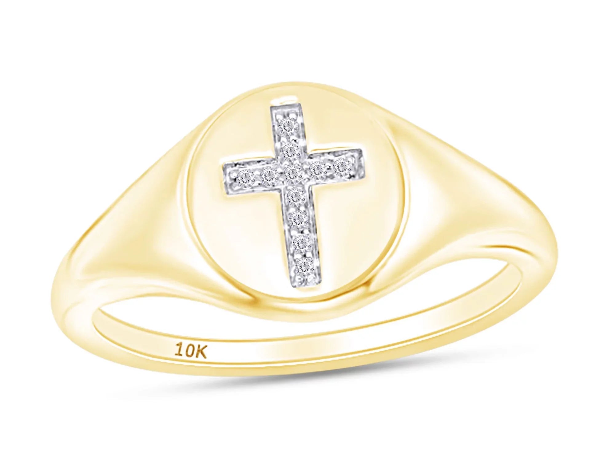 1/20 Carat  Round Cut White Natural Diamond Cross Signet Engagement Ring In 10k Yellow Gold For Womens Ring Size-6