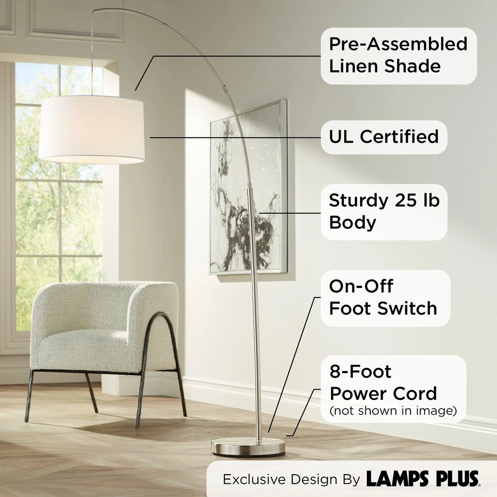 360 Lighting Cora Modern Arc Floor Lamp Standing 72" Tall Brushed Nickel Metal White Linen Drum Shade for Living Room Reading Bedroom Office House