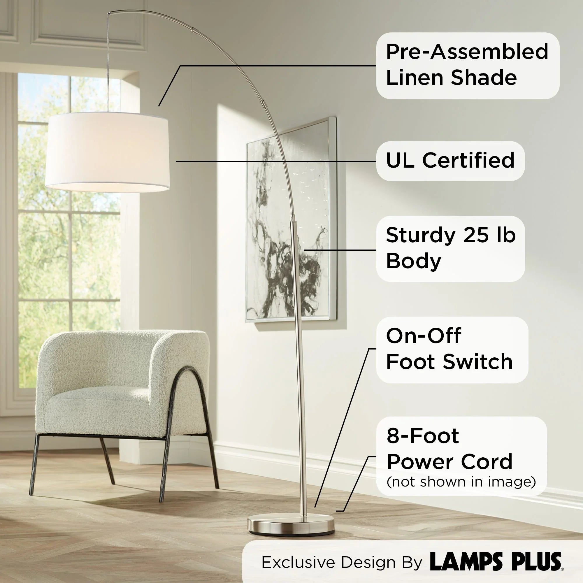 360 Lighting Cora Modern Arc Floor Lamp Standing 72" Tall Brushed Nickel Metal White Linen Drum Shade for Living Room Reading Bedroom Office House